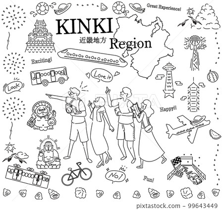 遊客在日本近畿地區享受夏季特色觀光，一組圖標（黑白線描） 99643449