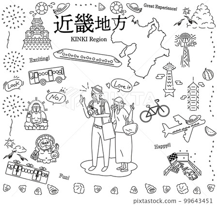 A senior couple who enjoys sightseeing in summer in the Kinki region of Japan, a set of icons (line drawing black and white) 99643451