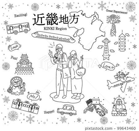 A senior couple who enjoys the winter specialty sightseeing in the Kinki region of Japan, a set of icons (line drawing black and white) 99643460