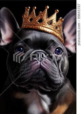 Cute black of French bulldog dog with a golden crown on his head 99643787