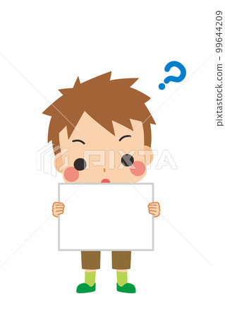 一個可愛的小男孩用留言板傾斜他的頭的插圖白色背景矢量全身人 99644209