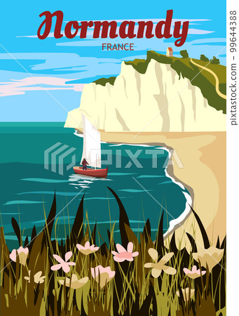 Travel poster Normandie France, vintage seascape rock cliff 99644388