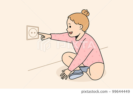 Cute child put finger in electrical socket  99644449