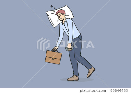 Exhausted businessman walk with head on pillow 99644463