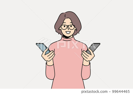 Smiling woman hold cellphones in hands Smiling woman hold cellphones in hands 99644465