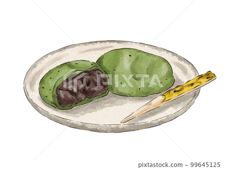 Illustration of kusamochi broken in half on a plate (watercolor style) Illustration of kusamochi broken in half on a plate (watercolor style) 99645125