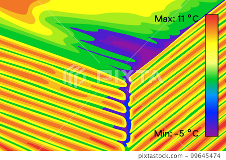 Thermal image of wooden corner in house vector illustration. Thermal image of wooden corner in house vector illustration. 99645474