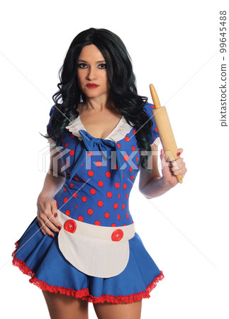 Woman Wearing Retro Blue and Red Dress Isolated on White Background Woman Wearing Retro Blue and Red Dress Isolated on White Background 99645488
