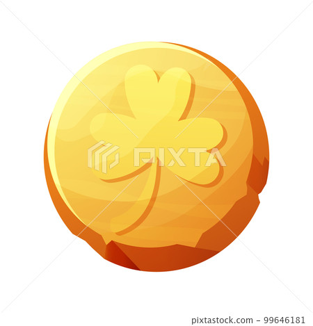 Golden coin with clover lucky symbol, irish penny Celtic celebration element in cartoon style isolated on white background 99646181