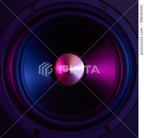 Sound speaker on dark background with neon lights. Set for listening music. Audio equipment Sound speaker on dark background with neon lights. Set for listening music. Audio equipment 99646985