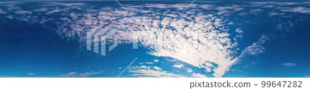 Blue summer sky panorama with light Cirrus clouds. Hdr seamless spherical equirectangular 360 panorama. Sky dome or zenith for 3D visualization and sky replacement for aerial drone 360 panoramas. Blue summer sky panorama with light Cirrus clouds. Hdr seamless spherical equirectangular 360 panorama. Sky dome or zenith for 3D visualization and sky replacement for aerial drone 360 panoramas. 99647282