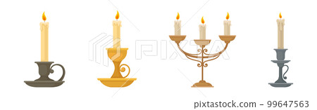 Burning Candles in Candlesticks and Vintage Candle Holders and Candelabrums Vector Set Burning Candles in Candlesticks and Vintage Candle Holders and Candelabrums Vector Set 99647563