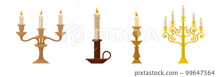 Burning Candles in Candlesticks and Vintage Candle Holders and Candelabrums Vector Set Burning Candles in Candlesticks and Vintage Candle Holders and Candelabrums Vector Set 99647564