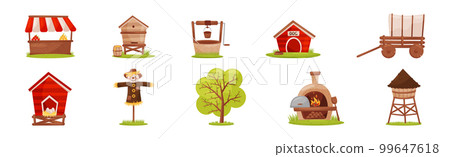 Farm Object with Strawman, Well, Market, Tree, Wagon and Stove Vector Set 99647618