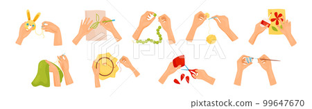 Hands Creating Craft Engaged in Creative Work at Handmade Workshop Vector Set Hands Creating Craft Engaged in Creative Work at Handmade Workshop Vector Set 99647670