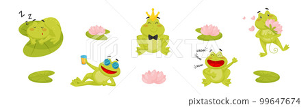 Cute Green Leaping Frog Character Engaged in Different Activity Vector Set 99647674