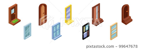 Door as Hinged Entry or Exit and Window Isometric Vector Set 99647678