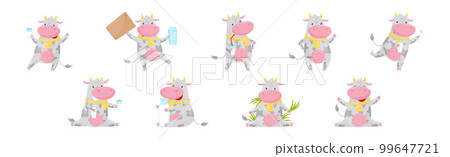 Farm Cow Character Udder Holding Milk Drink Vector Set 99647721