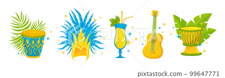 Brazilian Carnival Bright Symbols and Elements with Drum, Cocktail and Guitar Vector Set 99647771