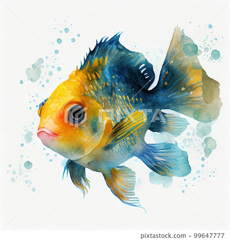 Cute blue with yellow tropical fish, watercolor illustration Cute blue with yellow tropical fish, watercolor illustration 99647777