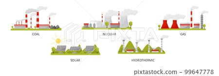 Natural Resources with Coal, Nuclear, Gas, Solar and Hydrothermic Power Plant Vector Set 99647778