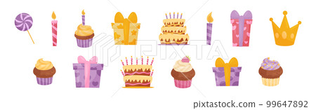 Happy Birthday Symbols with Gift Box, Cupcake and Candle Vector Set Happy Birthday Symbols with Gift Box, Cupcake and Candle Vector Set 99647892