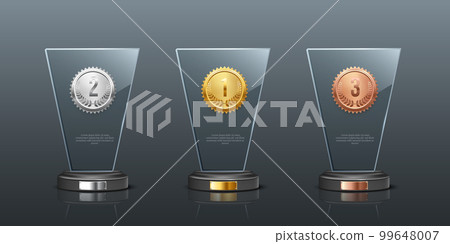 Glass awards realistic vector illustration. Crystal prizes with golden, silver and bronze medals 3D isolated clipart set on gray background. Competition winner rewards. Trophy design elements 99648007