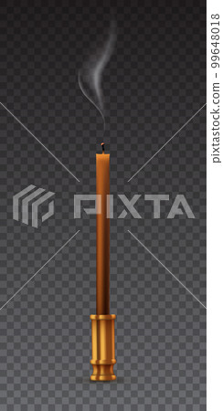 Extinct candle, 3D burnt wax candle, with golden candlestick, smoke and extinguished fire Extinct candle, 3D burnt wax candle, with golden candlestick, smoke and extinguished fire 99648018