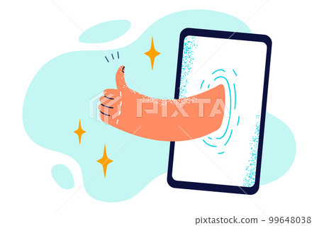 Thumbs up sticking out of phone symbolizes likes on social networks or sympathy in dating service 99648038