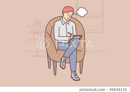 Adult man sits in cozy chair and makes notes in notebook making plans for day Adult man sits in cozy chair and makes notes in notebook making plans for day 99648116