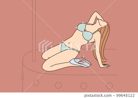 Girl in lingerie dances striptease on stage entertaining visitors to stag party 99648122