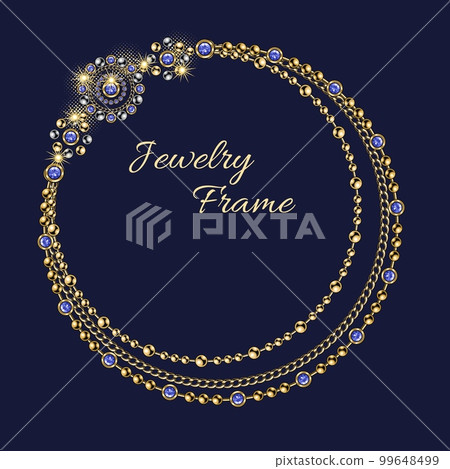 Circular golden frame with large negative space for copy placement. Jewelry gold chains, beads, blue gems. Logo, emblem, badge for anniversary, gift design on dark background Circular golden frame with large negative space for copy placement. Jewelry gold chains, beads, blue gems. Logo, emblem, badge for anniversary, gift design on dark background 99648499