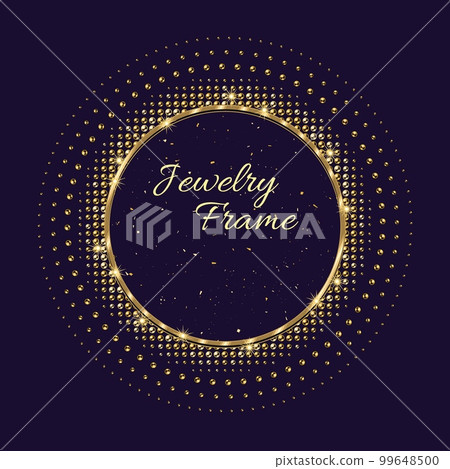 Circular shape with golden glowing frame with beads. Round halftone shape with golden glittering particles. Logo, emblem, badge for anniversary, wedding, award design on dark background 99648500