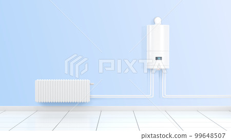 Boiler water heater on blue wall connected pipes with radiator in room with tile floor 3d render. Realistic home appliances, modern central heating system equipment, front view 99648507