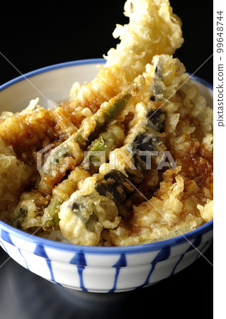 黑色背景中帶星鰻、茄子、南瓜和綠豆天婦羅的天婦羅碗 黑色背景中帶星鰻、茄子、南瓜和綠豆天婦羅的天婦羅碗 99648744