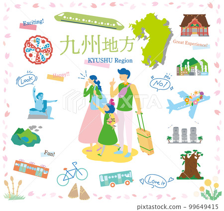 一家三口在日本九州地區享受春天的特別觀光，一組圖標（平面） 99649415