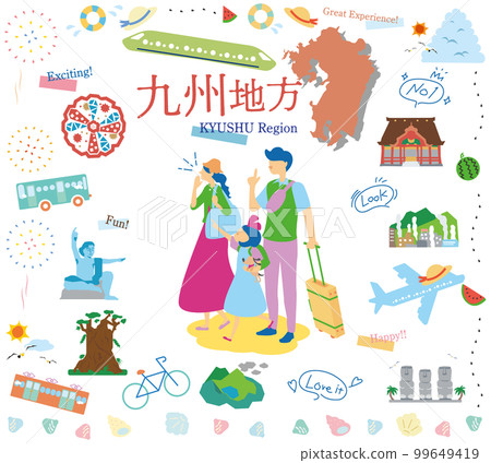 A family of three who enjoys summer specialties sightseeing in the Kyushu region of Japan, a set of icons (flat) A family of three who enjoys summer specialties sightseeing in the Kyushu region of Japan, a set of icons (flat) 99649419
