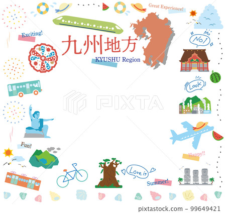 A set of icons of summer specialties sightseeing in the Kyushu region of Japan (flat) 99649421