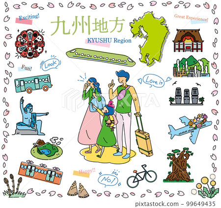A family of three who enjoys spring special sightseeing in the Kyushu region of Japan, a set of icons (line drawing) 99649435