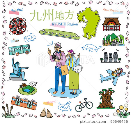 在日本九州地區享受春天特別觀光的老年夫婦，一組圖標（線描） 99649436
