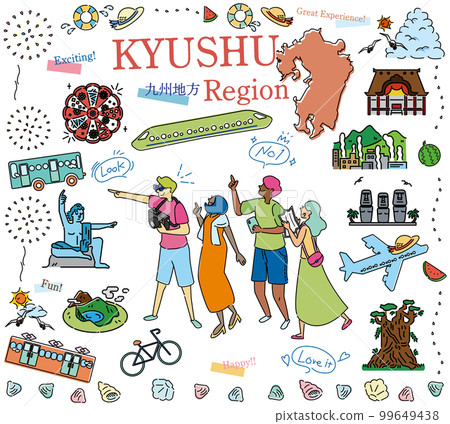 遊客在日本九州地區享受夏季特色觀光，一組圖標（畫線） 99649438