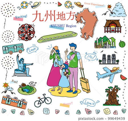 享受日本九州地區夏季特產觀光的一家三口圖標集（線描） 99649439
