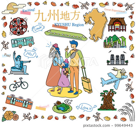A family of three who enjoys autumn specialty sightseeing in the Kyushu region of Japan, a set of icons (line drawing) 99649443