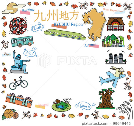 一組日本九州地區秋季特產觀光圖標（畫線） 99649445