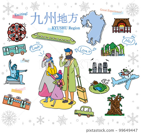 在日本九州地區享受冬季特產觀光的一家三口,一組圖標(線描) 在日本九州地區享受冬季特產觀光的一家三口,一組圖標(線描) 99649447