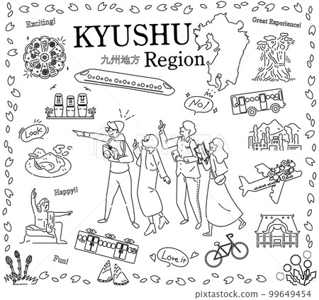 一組圖標（黑白線描），供在日本九州地區享受春季特別觀光的遊客使用 99649454