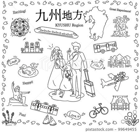 在日本九州地區享受春天特別觀光的一家三口，一組圖標（黑白線描） 99649455
