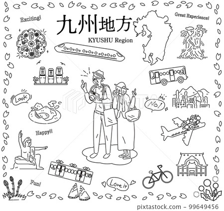 A senior couple who enjoys spring special sightseeing in the Kyushu region of Japan, a set of icons (line drawing black and white) A senior couple who enjoys spring special sightseeing in the Kyushu region of Japan, a set of icons (line drawing black and white) 99649456