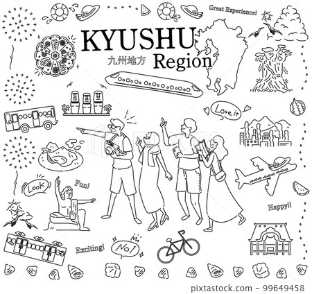 一組圖標(黑白線描),供在日本九州地區享受夏季特色觀光的遊客使用 一組圖標(黑白線描),供在日本九州地區享受夏季特色觀光的遊客使用 99649458