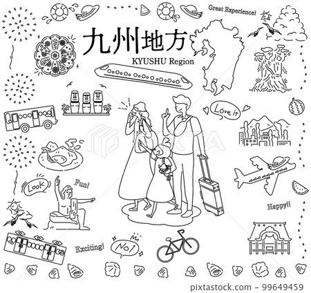 在日本九州地區享受夏季特色觀光的一家三口，一組圖標（黑白線描） 99649459